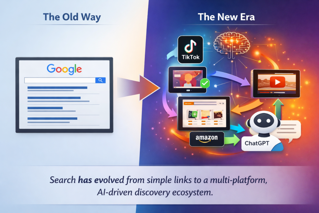 Abstract infographic highlighting AI search engines and social platforms changing how people discover products and content.