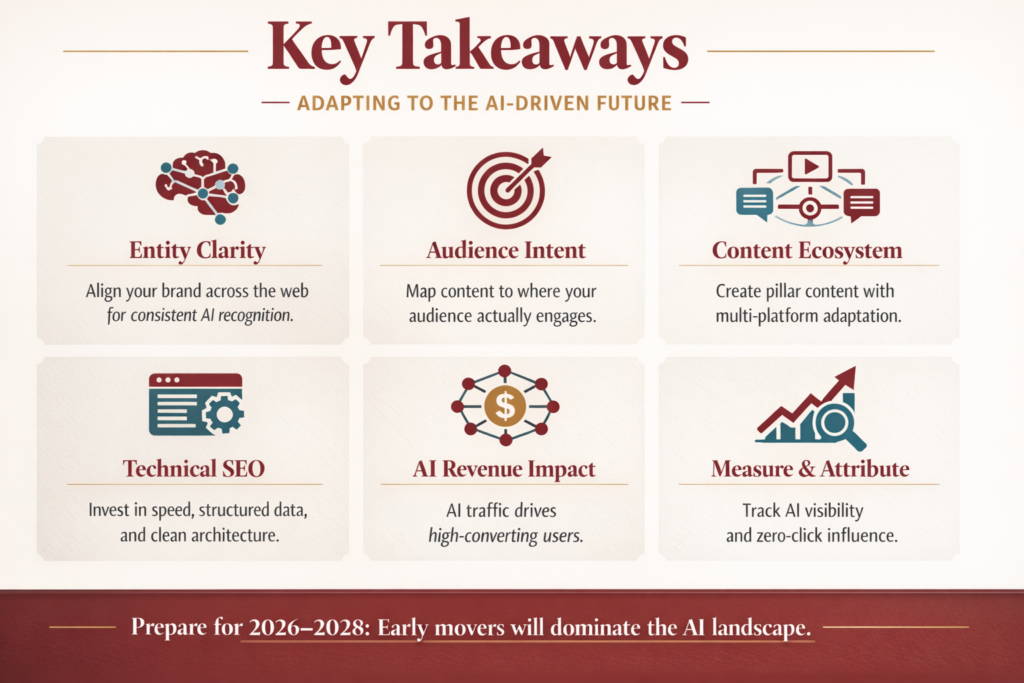 Infographic summarising AI-driven client growth strategy including entity clarity, audience intent mapping, content ecosystems, technical SEO foundations, AI revenue impact, and measurement for the 2026–2028 era.
