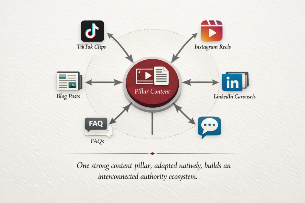 Diagram showing a central pillar content hub connected to TikTok clips, Instagram Reels, LinkedIn carousels, blog posts, and FAQs, illustrating how one strong piece of content can be adapted across platforms to build an interconnected authority ecosystem.