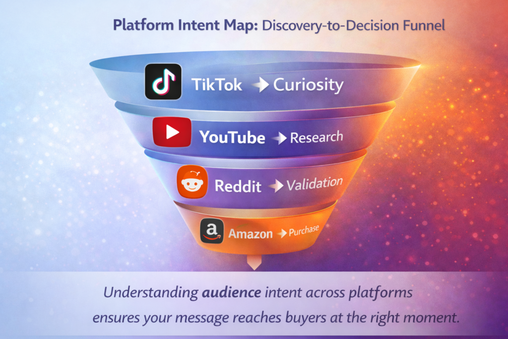 Funnel diagram showing platform intent from discovery to decision: TikTok for curiosity, YouTube for research, Reddit for validation, Amazon for purchase, illustrating how audience intent varies across platforms to reach buyers at the right moment.