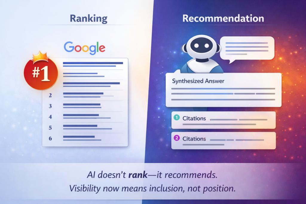 Split-screen diagram comparing traditional Google ranking results on the left with AI recommendation models on the right, highlighting how AI recommends answers and cites sources, making visibility about inclusion rather than position.