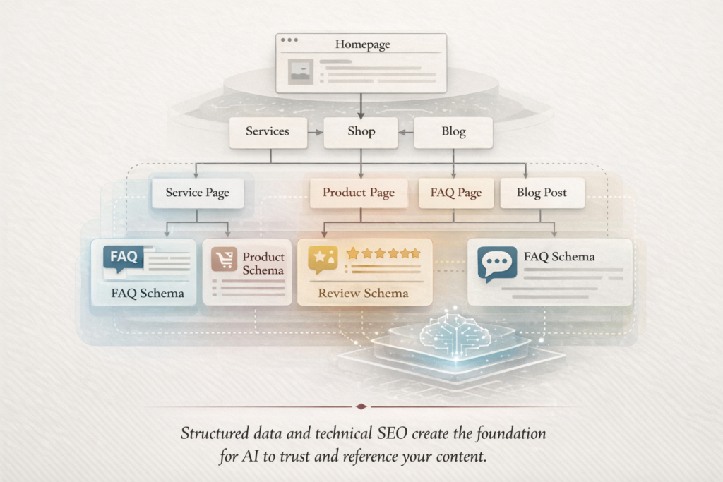Diagram of a website sitemap with structured data overlays, including FAQ, product, and review schema, illustrating AI comprehension layers and how structured data helps AI trust and reference content.